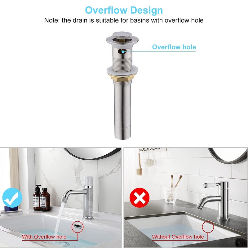 CREA Bathroom Sink Drain, Bathroom Sink Stopper with Drain Hair Catcher Pop Up Drain 1 1/2" for Bathroom Vanity Kitchen Sink with Overflow, Brushed Nickel - Image 3